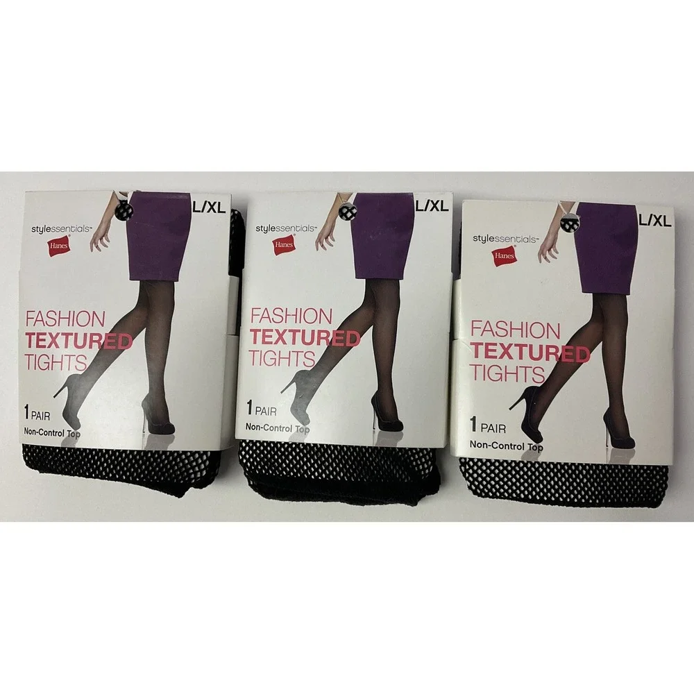 NIP Lot 3 Hanes Stylessentials‎ Fashion Textured Tights Black Fishnet L / XL